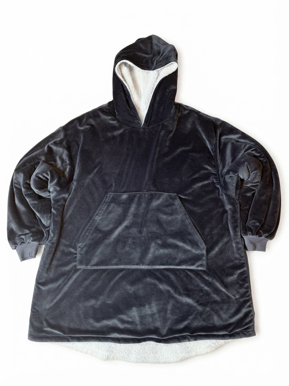 Oversized Sherpa Wearable Blanket Hoodie Dark Gray Velvet Fleece Pocket One Size